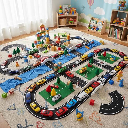 12 Pcs Christmas Race Party Decorations Track Felt Roadway Tape Set - 39"x4" Straight & 8"x4" Curve for Cars, Road for Wall Floor Car Themed Birthday Party Decor in Saudi Arabia