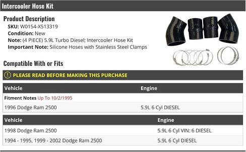 Intercooler Hose Kit - 4 Piece - Compatible with 1994-1996, 1998-2002 Dodge Ram 2500 5.9L Turbo Diesel (Up To 10/2/1995) in Saudi Arabia