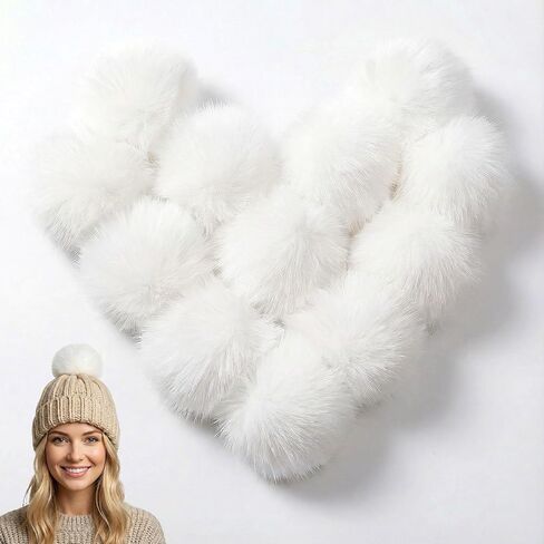 12 PCS Fluffy Pom Poms Crochet Accessories, Removable Fox Faux Fur Pom Poms Balls with Snap Button for Hats, Shoes, Keychains, Scarves, Gloves Knitting Hat Pompoms Crafts Supplies, 2.75 Inches(White) in Kuwait