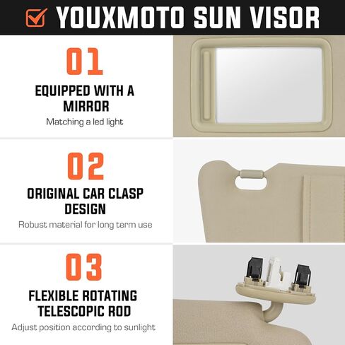 Youxmoto Sun Visor Left Driver Side for Toyota Camry with Sunroof 2007 2008 2009 2010 2011, Beige Sun Visor Replaces# 74320-06800-B0, with Vanity Mirror and Light in Saudi Arabia