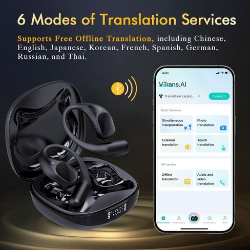 AI Translation Earbuds Real Time 146 Language Offline & Online Translator Earbuds, Audifonos Traductores Inglés Español, 4-in-1 Translating Device, Translate Ear Buds for Travel Learning in Saudi Arabia