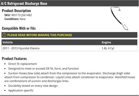 A/C Refrigerant Discharge Hose - Compatible with 2011-2013 Hyundai Elantra 1.8L 4-Cylinder in Saudi Arabia