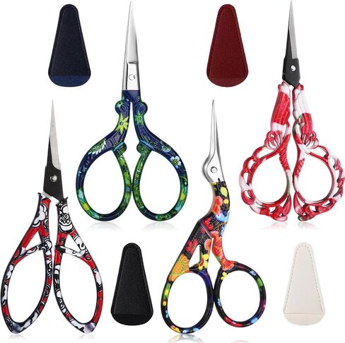 4 Pairs 4.72 Inch Sewing Embroidery Scissors with 4 Pcs Artificial Leather Cover Stainless Steel Flower Pattern Stork Vintage European Style Crochet Small Sewing Scissors DIY Tool Art Work in Kuwait