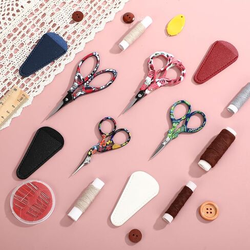 4 Pairs 4.72 Inch Sewing Embroidery Scissors with 4 Pcs Artificial Leather Cover Stainless Steel Flower Pattern Stork Vintage European Style Crochet Small Sewing Scissors DIY Tool Art Work in Kuwait