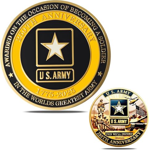 عملة تحدي الذكرى السنوية الـ 250 لتأسيس الجيش الأمريكي - عملة تذكارية عسكرية مزدوجة الجوانب مطلية بالذهب مقاس 1.77 بوصة - سبيكة زنك عالية النقوش يمكن تجميعها للجنود والمحاربين القدامى ومؤيدي الجيش in Kuwait
