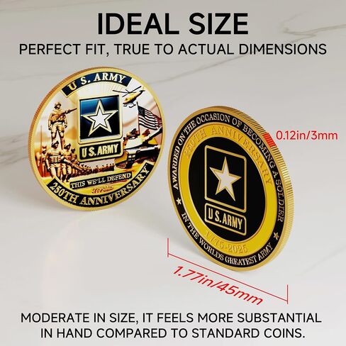 U.S. Army 250th Anniversary Challenge Coin – 1.77" Gold-Plated Double-Sided Military Commemorative Coin – High-Relief Zinc Alloy Collectible for Soldiers, Veterans, and Army Supporters in Saudi Arabia