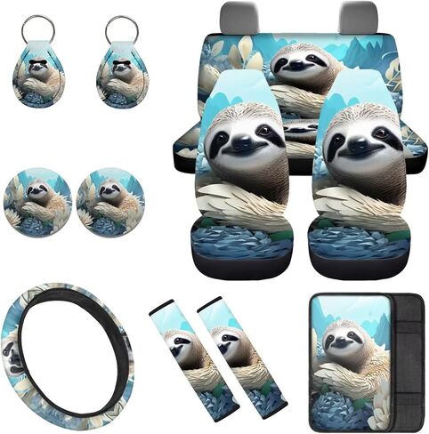 Horeset Cute Sloth Automobile Seat Cover Sets 12 Pack with Car Steering Wheel Cover Arm Rest Cover Keychain Holder Protector Seat Belt Pads Suitable for Most Cars,SUV in Saudi Arabia