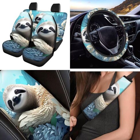Horeset Cute Sloth Automobile Seat Cover Sets 12 Pack with Car Steering Wheel Cover Arm Rest Cover Keychain Holder Protector Seat Belt Pads Suitable for Most Cars,SUV in Saudi Arabia
