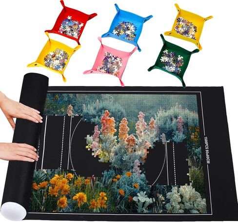 بساط ألغاز الصور المقطوعة قابل للطي، وسادة حفظ من اللباد مقاس 43 بوصة × 26 بوصة، حافظة محمولة ناعمة تصل إلى 1500 قطعة مع 6 صواني لفرز الألغاز وحقيبة تخزين مناسبة للسفر in Kuwait