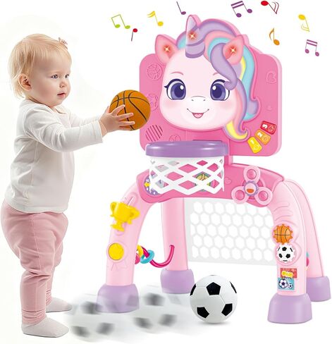 2 in 1 Basketball Hoop and Soccer Goal Set, Toddler Sports Toy for Indoor Outdoor Play, Perfect Christmas Birthday Gift for Baby Boys and Girls 1 2 3 Year Old，Lion Theme in Kuwait