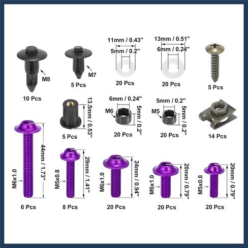 195pcs Universal Motorcycle Fairing Body Bolts Fastener Clips Screws Nuts Purple & Black for Kawasaki for Suzuki for Honda for Yamaha for BMW Stylish Design in Saudi Arabia