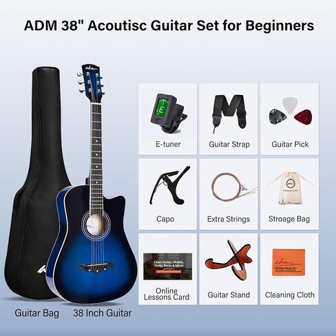 حزمة جيتار صوتي ADM مقاس 38 بوصة للمبتدئين والبالغين مع درس عبر الإنترنت، حزمة مجموعة المبتدئين من خشب Acustica Guitarra مع حقيبة أزعج، وحزام، وأوتار فولاذية، ولقطات، وكابو، وحامل، أصفر in Kuwait