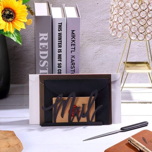 Jetec Mail Holder Cutout Metal Letter Holder Countertop Organizer Cutout Mail Lettering Design with Letter Opener for Home Office Envelope Bill Filling Paper Document Storage(Black Artistic Font) in Saudi Arabia