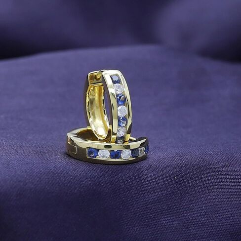 Round Cut Simulated Blue Sapphire With Cubic Zirconia Huggies Hoop Earrings in14K Gold Over Sterling Silver in Saudi Arabia