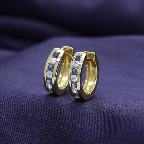 Round Cut Simulated Blue Sapphire With Cubic Zirconia Huggies Hoop Earrings in14K Gold Over Sterling Silver in Saudi Arabia