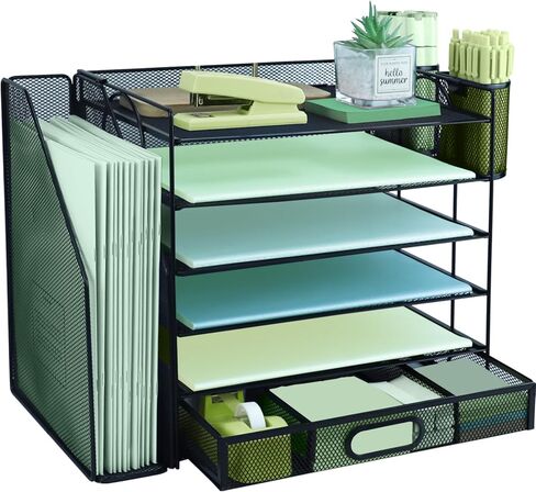 منظم ملفات مكتبي مكون من 6 طبقات مع فارز ملفات عمودي إضافي، وصينية رسائل ورقية مع حامل درج علوي للقرطاسية، وصواني ملفات ورقية لسطح المكتب مقاس A4، وحامل مستندات المجلات للمكتب المنزلي، باللون الأسود in Kuwait