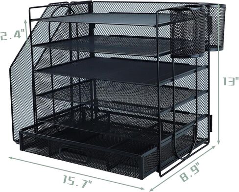 منظم ملفات مكتبي مكون من 6 طبقات مع فارز ملفات عمودي إضافي، وصينية رسائل ورقية مع حامل درج علوي للقرطاسية، وصواني ملفات ورقية لسطح المكتب مقاس A4، وحامل مستندات المجلات للمكتب المنزلي، باللون الأسود in Kuwait