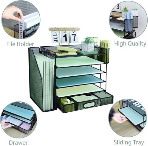 منظم ملفات مكتبي مكون من 6 طبقات مع فارز ملفات عمودي إضافي، وصينية رسائل ورقية مع حامل درج علوي للقرطاسية، وصواني ملفات ورقية لسطح المكتب مقاس A4، وحامل مستندات المجلات للمكتب المنزلي، باللون الأسود in Kuwait