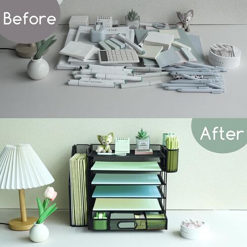 منظم ملفات مكتبي مكون من 6 طبقات مع فارز ملفات عمودي إضافي، وصينية رسائل ورقية مع حامل درج علوي للقرطاسية، وصواني ملفات ورقية لسطح المكتب مقاس A4، وحامل مستندات المجلات للمكتب المنزلي، باللون الأسود in Kuwait