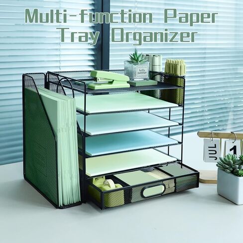 منظم ملفات مكتبي مكون من 6 طبقات مع فارز ملفات عمودي إضافي، وصينية رسائل ورقية مع حامل درج علوي للقرطاسية، وصواني ملفات ورقية لسطح المكتب مقاس A4، وحامل مستندات المجلات للمكتب المنزلي، باللون الأسود in Kuwait