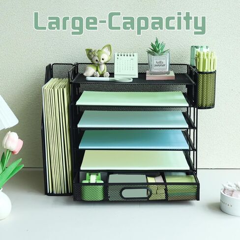 منظم ملفات مكتبي مكون من 6 طبقات مع فارز ملفات عمودي إضافي، وصينية رسائل ورقية مع حامل درج علوي للقرطاسية، وصواني ملفات ورقية لسطح المكتب مقاس A4، وحامل مستندات المجلات للمكتب المنزلي، باللون الأسود in Kuwait