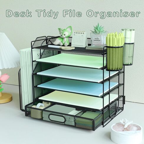 منظم ملفات مكتبي مكون من 6 طبقات مع فارز ملفات عمودي إضافي، وصينية رسائل ورقية مع حامل درج علوي للقرطاسية، وصواني ملفات ورقية لسطح المكتب مقاس A4، وحامل مستندات المجلات للمكتب المنزلي، باللون الأسود in Kuwait