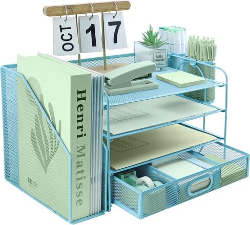 منظم ملفات مكتبي مكون من 6 طبقات مع فارز ملفات عمودي إضافي، وصينية رسائل ورقية مع حامل درج علوي للقرطاسية، وصواني ملفات ورقية لسطح المكتب مقاس A4، وحامل مستندات المجلات للمكتب المنزلي، باللون الأسود in Kuwait