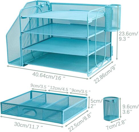 منظم ملفات مكتبي مكون من 6 طبقات مع فارز ملفات عمودي إضافي، وصينية رسائل ورقية مع حامل درج علوي للقرطاسية، وصواني ملفات ورقية لسطح المكتب مقاس A4، وحامل مستندات المجلات للمكتب المنزلي، باللون الأسود in Kuwait