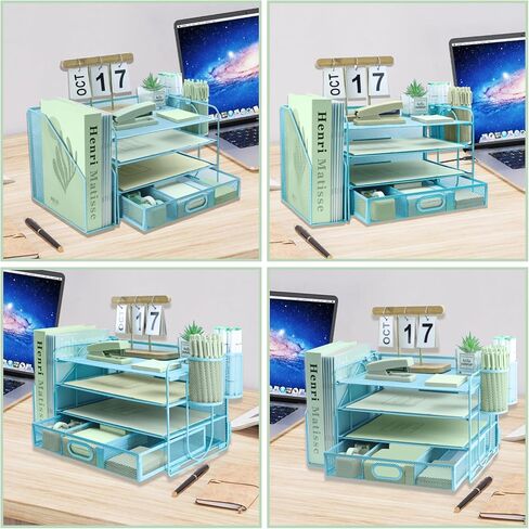 منظم ملفات مكتبي مكون من 6 طبقات مع فارز ملفات عمودي إضافي، وصينية رسائل ورقية مع حامل درج علوي للقرطاسية، وصواني ملفات ورقية لسطح المكتب مقاس A4، وحامل مستندات المجلات للمكتب المنزلي، باللون الأسود in Kuwait