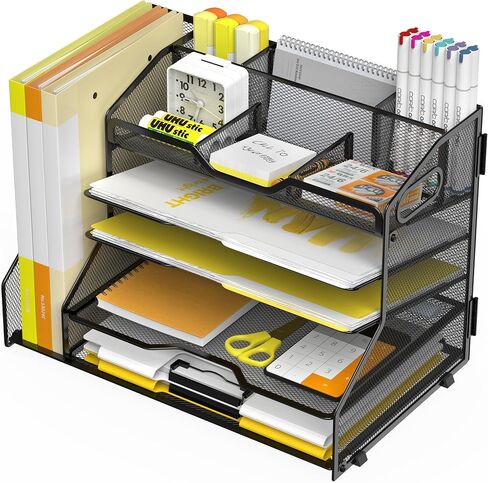 YINGHUA 5 Tier Paper Tray Letter Organizer with Top 6 Adjustable Compartments - Paper Sorter Office Desktop Accessories with Handles for Document,Mail,School Supplies Storage,Black in Saudi Arabia