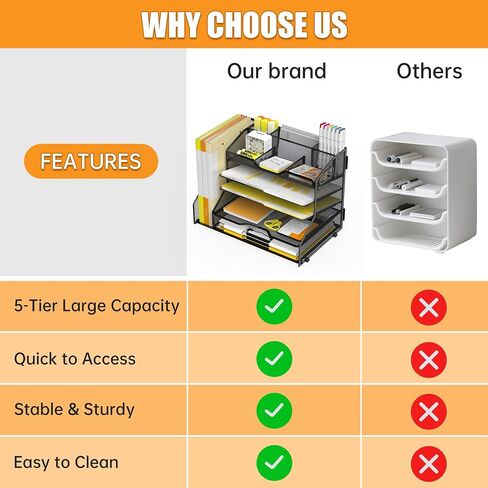 YINGHUA 5 Tier Paper Tray Letter Organizer with Top 6 Adjustable Compartments - Paper Sorter Office Desktop Accessories with Handles for Document,Mail,School Supplies Storage,Black in Saudi Arabia