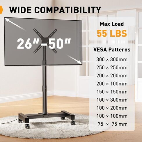 Perlegear Mobile TV Cart, Rolling TV Stand for 13-50 inch TVs with 30° Tilt Universal TV Cart for LED/LCD/OLED TV Height Adjustable Floor TV Stand Holds 44lbs Portable Monitor Stand Max VESA 200x200mm in Kuwait