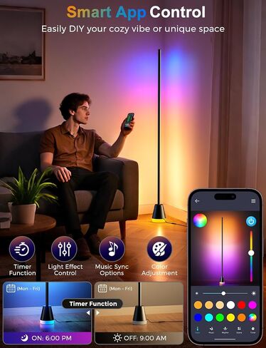 RGB Floor Lamp, Smart LED Corner Lamp for Living Room Bedroom, 16 Million DIY Colors Standing Lamp with Music Sync App & Remote Control, Cool Modern Mood Light Ambient Lighting, Black in Saudi Arabia