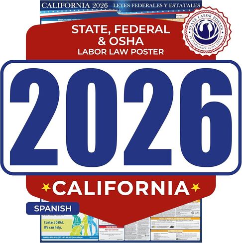ملصق قوانين العمل الفيدرالية وولاية كاليفورنيا لعام 2024 - النسخة الإنجليزية - متوافق مع OSHA في مكان العمل - نشر الامتثال الكل في واحد مقاس 24 بوصة × 36 بوصة (الإنجليزية) in Kuwait