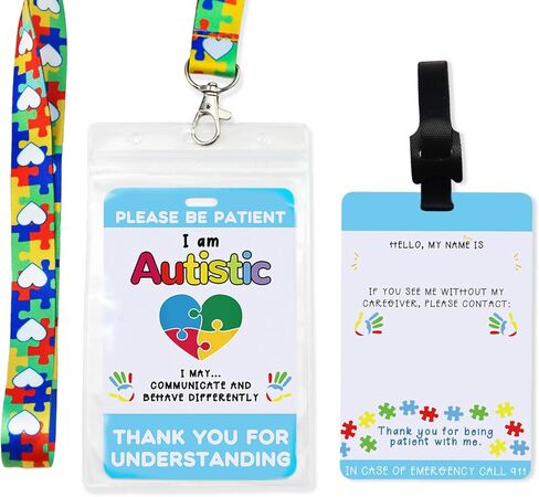 2 Pack Autism Alert Card Set, Autism Safety Label Card, Custom Text Autism Medical ID Tags with Autism Lanyard, Waterproof Cards Holder, Hook and Loop Closure for Special Needs (Rainbow) in Saudi Arabia