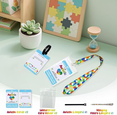 2 Pack Autism Alert Card Set, Autism Safety Label Card, Custom Text Autism Medical ID Tags with Autism Lanyard, Waterproof Cards Holder, Hook and Loop Closure for Special Needs (Rainbow) in Saudi Arabia