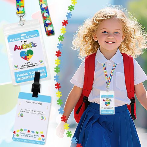2 Pack Autism Alert Card Set, Autism Safety Label Card, Custom Text Autism Medical ID Tags with Autism Lanyard, Waterproof Cards Holder, Hook and Loop Closure for Special Needs (Rainbow) in Saudi Arabia