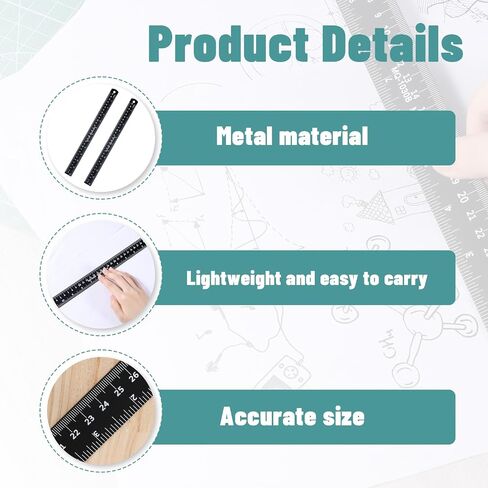 2 Pack Black Metal Ruler, 12 Inch Black Straight Edge Rulers Metric Ruler Laser Engraved Dual Scale Aluminum Rulers with Millimetre, Inches Conversion Table for Office Drafting Geometry Crafting in Saudi Arabia