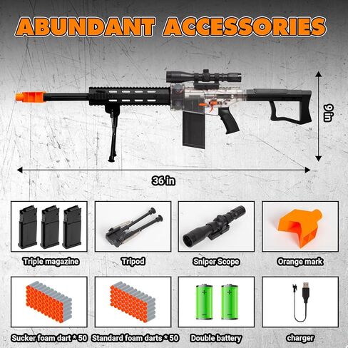 مسدس لعبة واقعي لسهام نيرف - بندقية قنص كهربائية مسدس إسفنجي أوتوماتيكي مع نطاق 100 رصاصة ناعمة و3 مجلات للأطفال من سن 6 إلى 12 عامًا، لعبة داخلية وخارجية لصحراء الأطفال البالغين in Kuwait