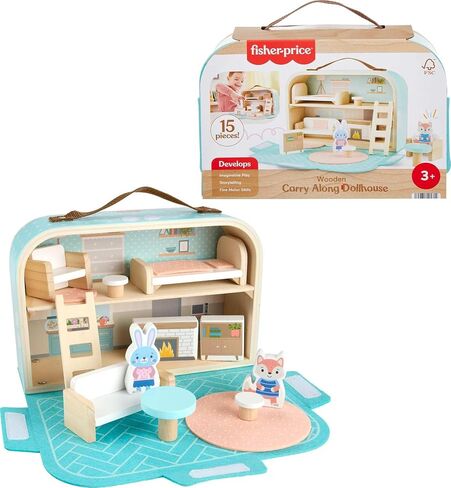Fisher-Price Wood Pretend Play Toy Dollhouse Carry Along, 15-Piece Wooden Portable Playset for Travel Preschool Kids Ages 3+ Years in Saudi Arabia
