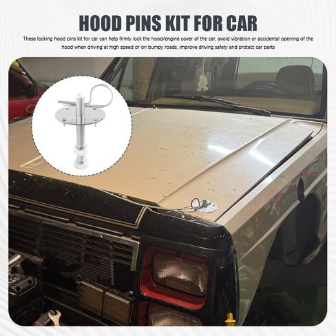 Hood Pins Kit for Car, Hood Latch Kit, Stainless Steel Hood Pin Lock Clip with Racing Lanyard, Auto Threaded Engine Hood Pin Plate Lock for Fixing Car Hood Cover & Reduce Shaking (Silver) in Kuwait