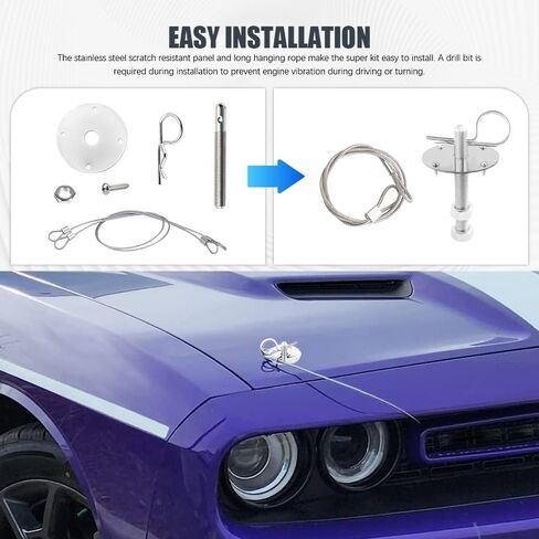 Hood Pins Kit for Car, Hood Latch Kit, Stainless Steel Hood Pin Lock Clip with Racing Lanyard, Auto Threaded Engine Hood Pin Plate Lock for Fixing Car Hood Cover & Reduce Shaking (Silver) in Kuwait