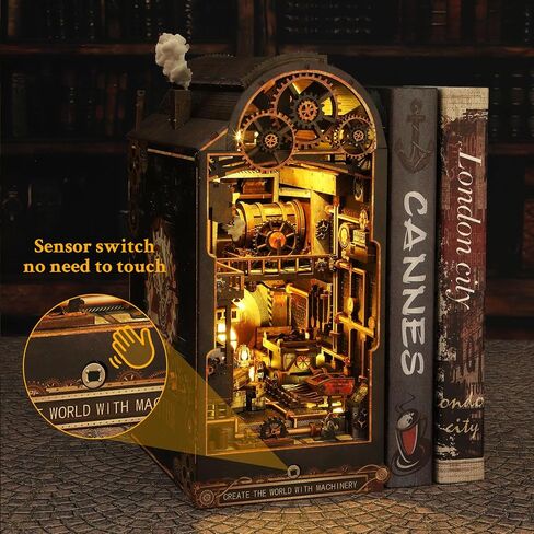 Book Nook Kit, DIY Dollhouse Booknook, Miniature House Kit for Adults and Teens, Library Tiny okshelf Decor, 3D Wooden Puzzle Bookends with Sensor Led Light, Gifts for Family, Friends in Saudi Arabia