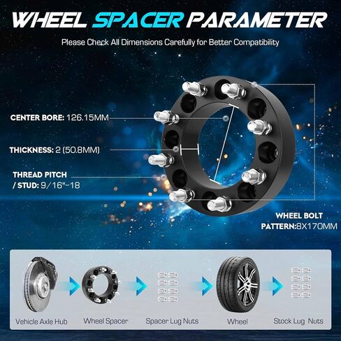 8x6.5 to 8x170 2 inch Wheel Spacers 126.15mm Bore for 1980-1998 Ford F250 F350, 1992-2007 E250 E350 Econoline, 9/16"-18 Studs 8 Lugs Wheel Adapters fits 1995-2010 Dodge Ram 2500 3500, Set of 4 in Saudi Arabia