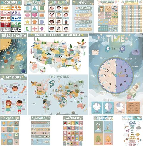 16 Educational Posters for Preschoolers, Laminated PreK Learning Poster Charts for Toddlers 1-3, Learning Wall Charts for Kids’ Bedroom, Playroom, Preschool, Kindergarten and Homeschool (Morandi A) in Saudi Arabia