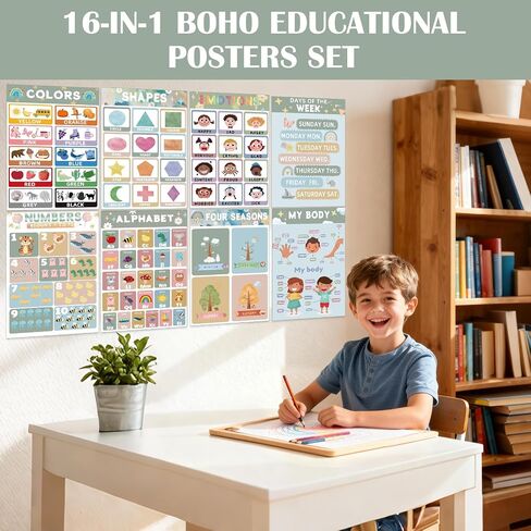 16 Educational Posters for Preschoolers, Laminated PreK Learning Poster Charts for Toddlers 1-3, Learning Wall Charts for Kids’ Bedroom, Playroom, Preschool, Kindergarten and Homeschool (Morandi A) in Saudi Arabia