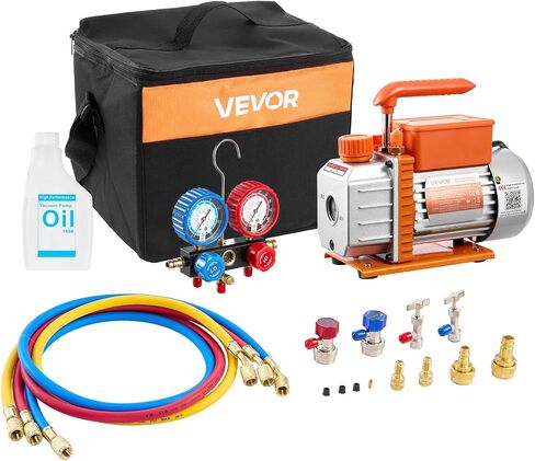 VEVOR AC Vacuum Pump and Gauge Set, 3.5 CFM 1/4 HP, Single Stage Rotary Vane HVAC Vacuum Pump, A/C Manifold Gauge Kit, for R134a R22 R410a R1234YF R32, with Carry Bag, for Auto HVAC Air Conditioning in Saudi Arabia