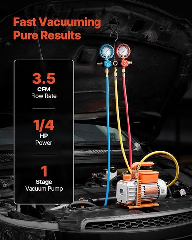 VEVOR AC Vacuum Pump and Gauge Set, 3.5 CFM 1/4 HP, Single Stage Rotary Vane HVAC Vacuum Pump, A/C Manifold Gauge Kit, for R134a R22 R410a R1234YF R32, with Carry Bag, for Auto HVAC Air Conditioning in Saudi Arabia