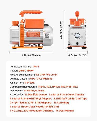 VEVOR AC Vacuum Pump and Gauge Set, 3.5 CFM 1/4 HP, Single Stage Rotary Vane HVAC Vacuum Pump, A/C Manifold Gauge Kit, for R134a R22 R410a R1234YF R32, with Carry Bag, for Auto HVAC Air Conditioning in Saudi Arabia