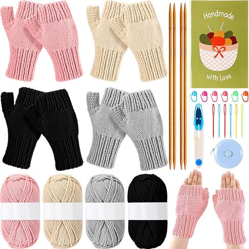 Maasechs 4 Pairs Knitting Kit for Beginners Adults Learn to Knit Gloves Hat Scarf Complete Knitting Crochet Starter Kit with Yarn Needles Stitch Markers Instruction Craft DIY Gift for Women Men Winter in Saudi Arabia